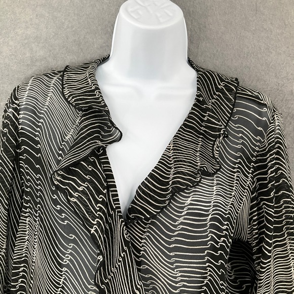 Cache Ruffle Blouse Sheer Top 100% Silk Long Sleeve Black White Career Size M - Picture 3 of 10